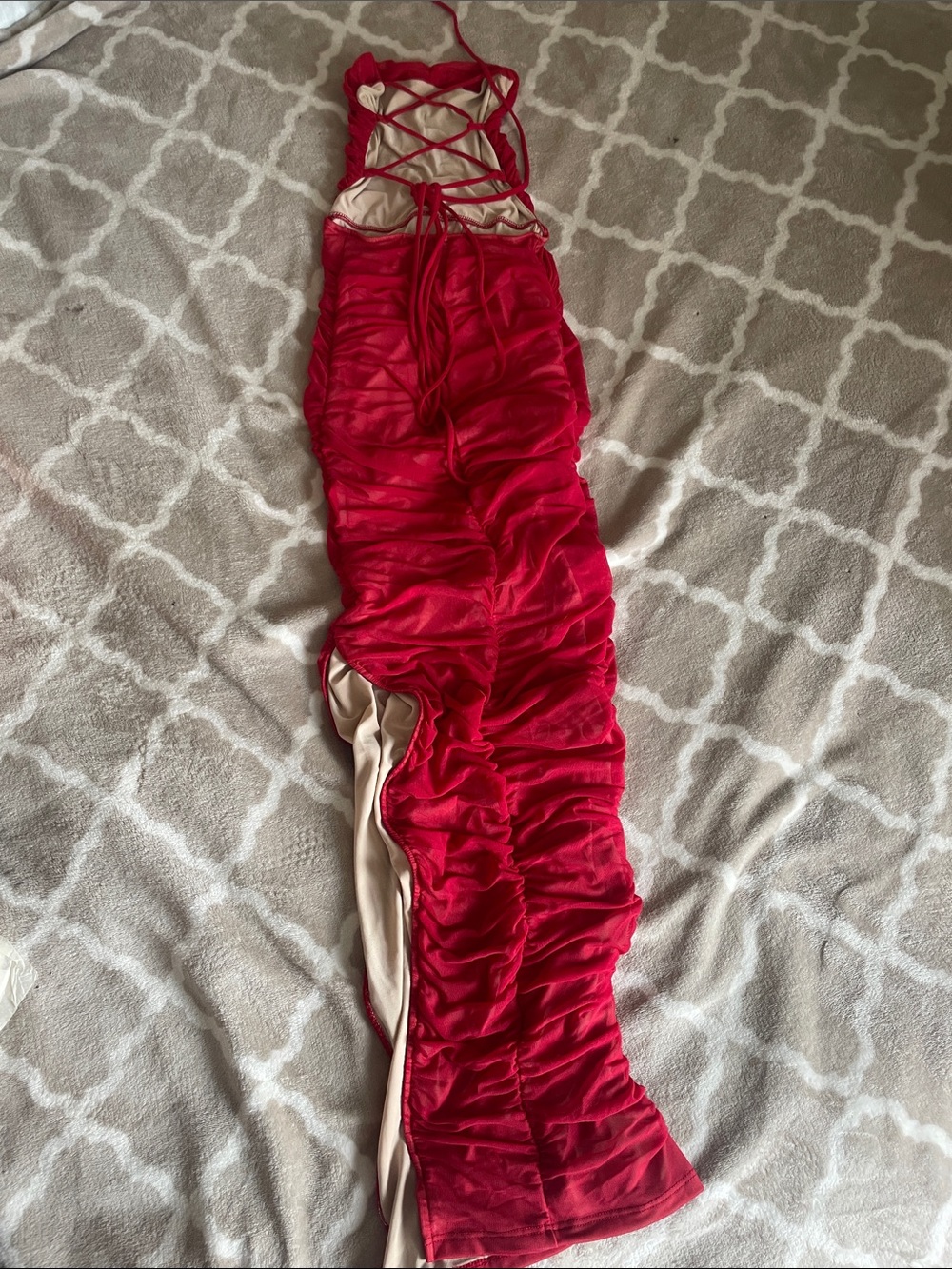 Red Ruched Strapless Gown with Side Slit - Picture 2 of 2